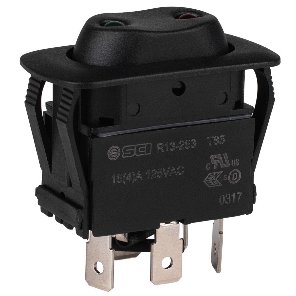 SPDT Red/Green LED SnapIn Mount Rocker Switch 125VAC 16A 3/4HP